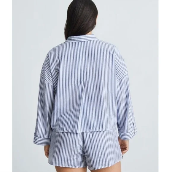 NWT Everlane The Woven PJ Button Down Crop Top Blue White Stripe Cotton Medium - Picture 3 of 14